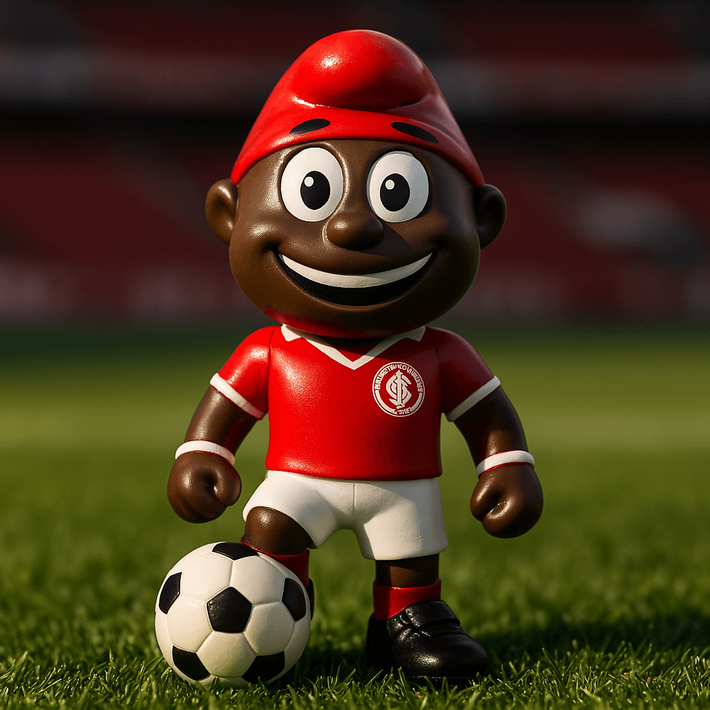 Boneco Mascote do Internacional O Saci, detalhe do escudo